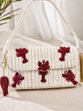 NWT Lobster Beaded Sequin Made India Coastal Chic Nautical Summer Shoulder Bag